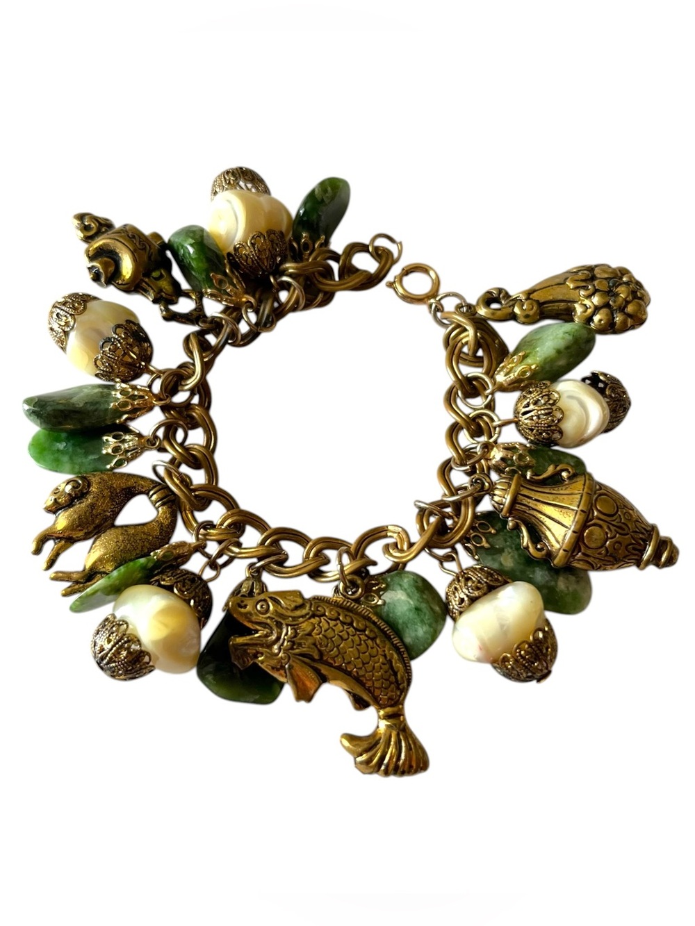Vintage Miriam Haskell Brass Jade Asian Charm Bracelet